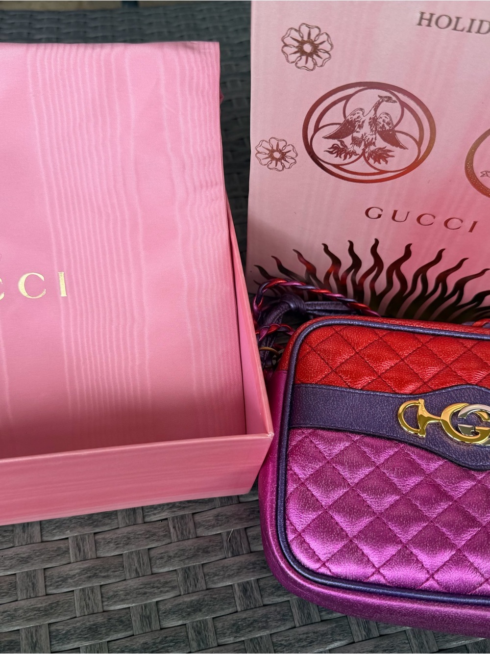 Gucci Metallic Pink, Red & Purple Quilted Crossbody Bag